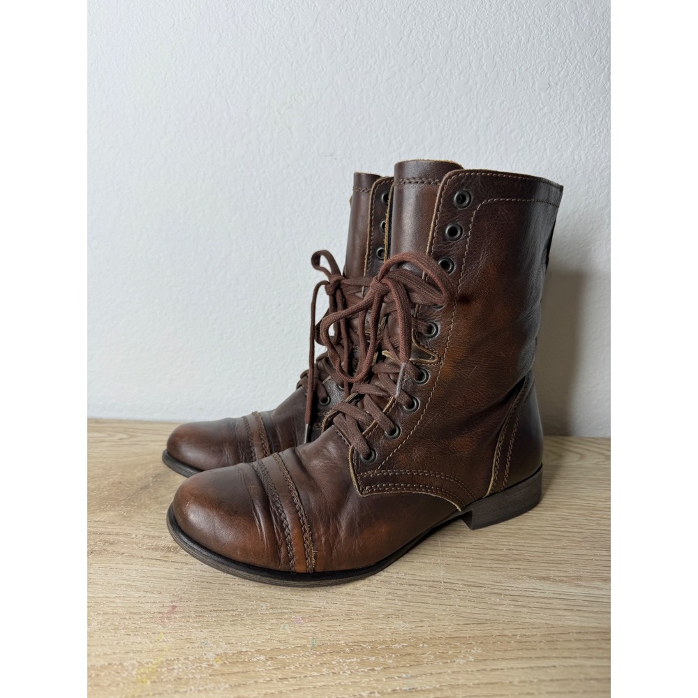 Steve Madden Troopa Brown Leather Lace Up Zip Combat Boots Womens 9.5 M